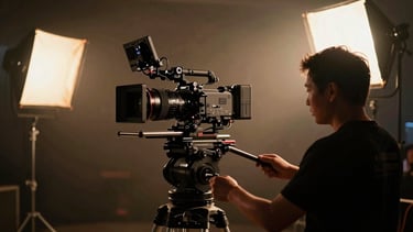 Behind-the-scenes anamorphic shot of a high-end camera rig on a dimly lit movie set, practical amber key lights cutting through haze, technical focus puller in shadow.
