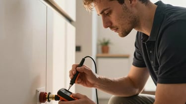 Technician checking gas pipe connections with an electronic detector, ensuring safety and precision in a modern Turkish home in Tekirdağ / Thrace, Turkey. Reassuring golden daylight.