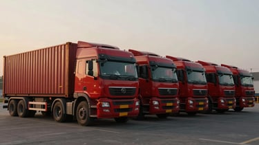 Cinematic wide-angle shot of multiple red container trucks parked in perfect alignment at the Bhiwandi logistics hub during morning golden hour, 35mm lens.