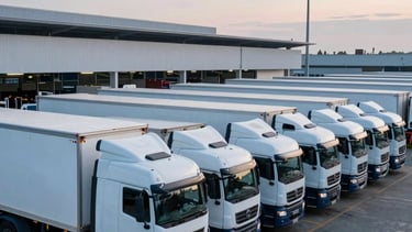 A professional wide-angle photography of a modern South American logistics terminal at dawn. Clean white and navy blue semi-trucks are parked in a perfectly aligned row. The scene features cinematic lighting with ice white and steel blue highlights, emphasizing efficiency, order, and large-scale industrial expertise.