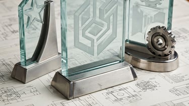 Macro shot of etched glass awards on a technical blueprint background, clean neutral daylight, high-contrast metallic textures, crisp focus.