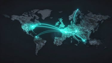 Panoramic overhead map illustration showing cross-continental fiber route lines connecting North America and Europe, dark charcoal background with cool cyan glowing route paths tracing US East Coast, UK, and continental Europe nodes, no labels, minimal cartographic detail