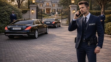 Professional security guard in a suit protecting a luxury estate with black executive cars.
