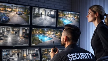 Security guards monitoring multiple surveillance camera feeds on a video wall in a control room.