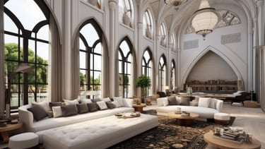 a large living room with a large couch and a large window