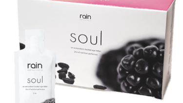 Rain Soul antioxidant seed supplement box and liquid pouch with black cumin and blackberry imagery.