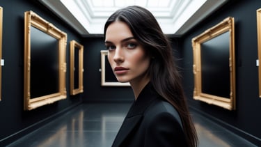 A woman with long dark hair posing in a modern art gallery with gold frames on black walls.