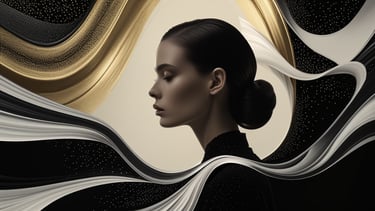 Elegant woman's profile surrounded by flowing gold and black abstract waves with shimmering textures.