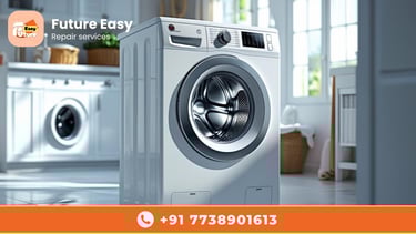Washing machine with Future Easy Repair Services branding and contact number.