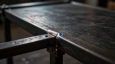 Dark low-key editorial photography of a steel-framed table joint, showing a seamless weld, matte black powder coating, dramatic side-lighting, 35mm