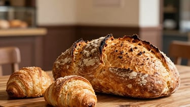 A warm, high-quality photograph of freshly baked artisanal sourdough bread and pastries on a rustic wooden table. Soft golden hour lighting highlighting textures. The background shows a clean, modern South American Brazilian bakery interior with cream walls and dark brown accents. Professional food photography style.
