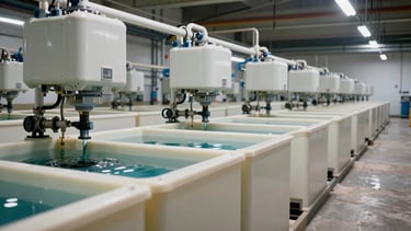 Wide-angle installation photograph of a working commercial RAS facility — rows of off-white PP fish pond boxes with drum filter units mounted above, water pipes and fittings in full view, industrial site lighting, no people visible, shot from the aisle looking down the length of the tank row