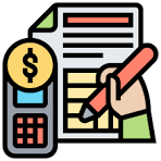 Business accounting icon showing a hand signing a financial document with a calculator and dollar sign.