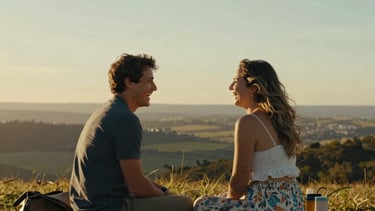 A candid shot of a laughing couple during a picnic on a Brazilian plateau. The light is golden and the atmosphere is authentic and cinematic.