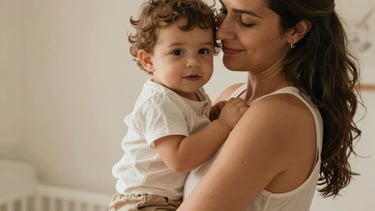 A vertical shot of a Brazilian mother holding her child in a sunlit nursery. Soft, creamy tones, focus on the emotional connection and natural light.