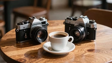 Cinematic shot of a wooden table with coffee and old cameras in a sunny Brazilian cafe. Atmosphere is cozy, nostalgic and professional.
