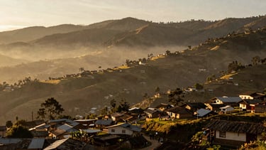 Vista panorámica de un valle andino colombiano al amanecer, neblina suave sobre las montañas, colores cálidos y terrosos, estilo documental.