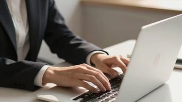 Professional person working on laptop, modern minimal workspace, warm natural light, clean desk, pro