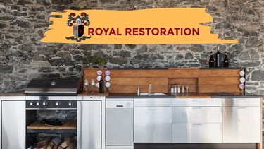a kitchen with a stone wall and a large sign that says royal royal restoration