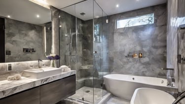 a bathroom with a tub tub and a large mirror