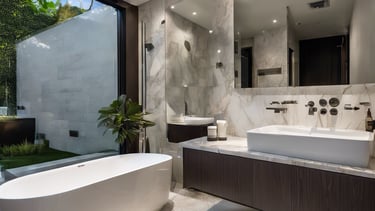 a bathroom with a large mirror and a bathtub