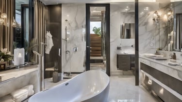 a bathroom with a tub tub and a large mirror