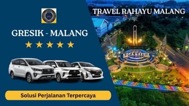 Spanduk Travel Rahayu Malang rute Gresik-Malang pakai mobil Innova dan landmark Kota Gresik