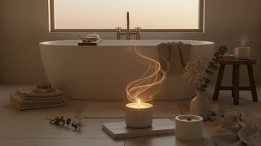 Vela de cera de soja natural encendida en un baño, eliminando el olor a humedad de forma saludable y sostenible.