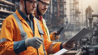 A person wearing a helmet and safety gear is standing in an industrial or construction-like setting. They are looking at a mobile device, possibly for work-related purposes. Around them are sheets or fabric drapes hanging, with cables and construction materials scattered on the concrete ground.