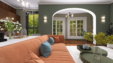 терракотовый диван в дизайне гостиной