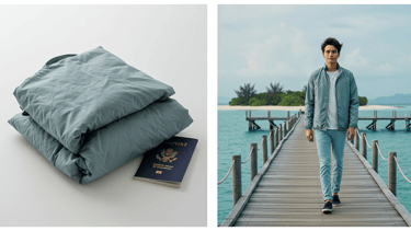 Traveler with adaptable travel gear for tropical destinations like Greece and Mexico