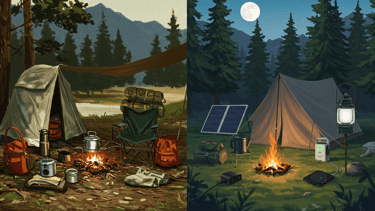 Image of basic camping gear and modern campsite with new tech gear