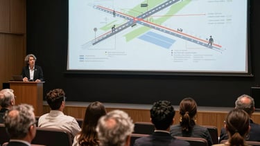 Photography of a group of diverse professionals in a high-end auditorium in South America, listening to a lecture about infrastructure. A large screen displays technical road diagrams.