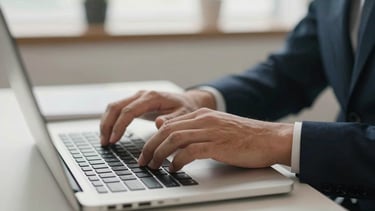 A close-up of a person's hands typing on a laptop keyboard. The focus is on the action, suggesting productivity. The environment is a well-lit office with a palette of dark navy and off-white. North American / US context.