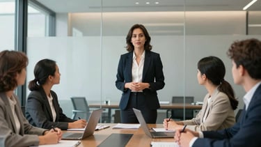 A professional woman confidently presenting to a small, diverse group in a modern glass-walled boardroom. The lighting is crisp and clear, emphasizing professionalism and leadership. North American / US business context.