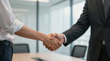 Two professionals in business casual attire shaking hands over a conference table. The focus is sharp on the handshake. The background is a blurred modern office interior with large windows. North American / US corporate environment.