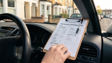 Car maintenance checklist on clipboard on car dashboard — complete fuel economy maintenance guide