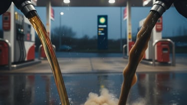 Clear premium diesel vs. murky budget fuel pouring from nozzles at a rainy UK petrol station.