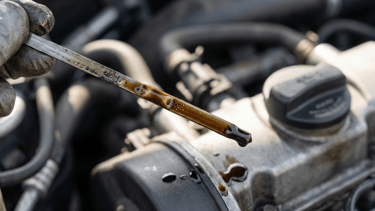 Close-up of engine oil dipstick showing dark used oil — engine maintenance and fuel efficiency