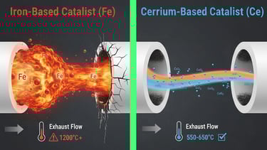 Diagram showing violent 1200°C iron catalyst combustion vs. stable 600°C cerium-based DPF regeneration.