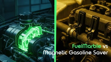 FuelMarble vs Magnetic Saver: side-by-side comparison of green glowing resonant coolant tech vs standard magnetic clip-ons.