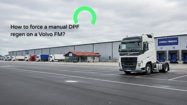 Volvo FM truck parked at a typical UK logistics hub on a cloudy day, professional fleet work setting.