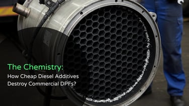 Professional view of a round Volvo FM diesel particulate filter showing the internal ceramic honeycomb grid.