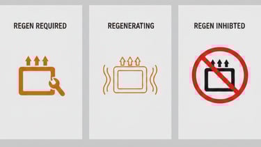 Volvo truck dashboard DPF symbols for Regen Required, Regenerating, and Regen Inhibited icons.