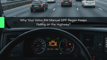 Volvo FM dashboard displaying a DPF regeneration failure warning while driving in UK motorway traffic.