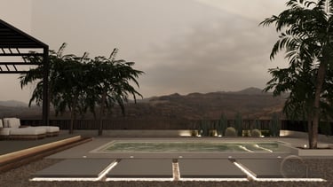 a pool with a mountain view in villa.