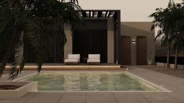 a pool with a lounge chair in a villa.