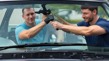 A car's windshield with a large circular crack and multiple radiating fractures. Inside the vehicle, beige leather seats are visible, along with a steering wheel. A blue air freshener shaped like a tree hangs from the rearview mirror.