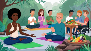 Depict individuals engaging in activities like yoga, meditation, or healthy eating.