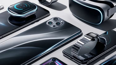 Latest tech devices such as smartphones, smartwatches, or VR headsets to showcase innovation.